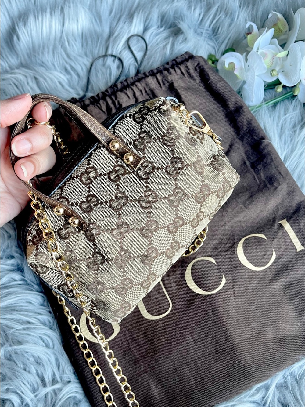 Gucci Brown Beige GG Canvas Mini Crossbody with Gold Chain